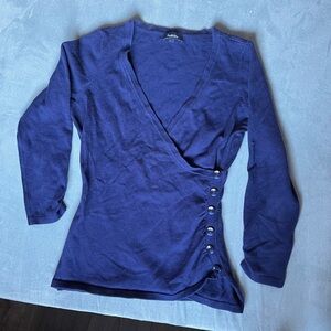 Reitmans Navy Wrap knit Sweater with Buttons on gathered side. Cotton blend.